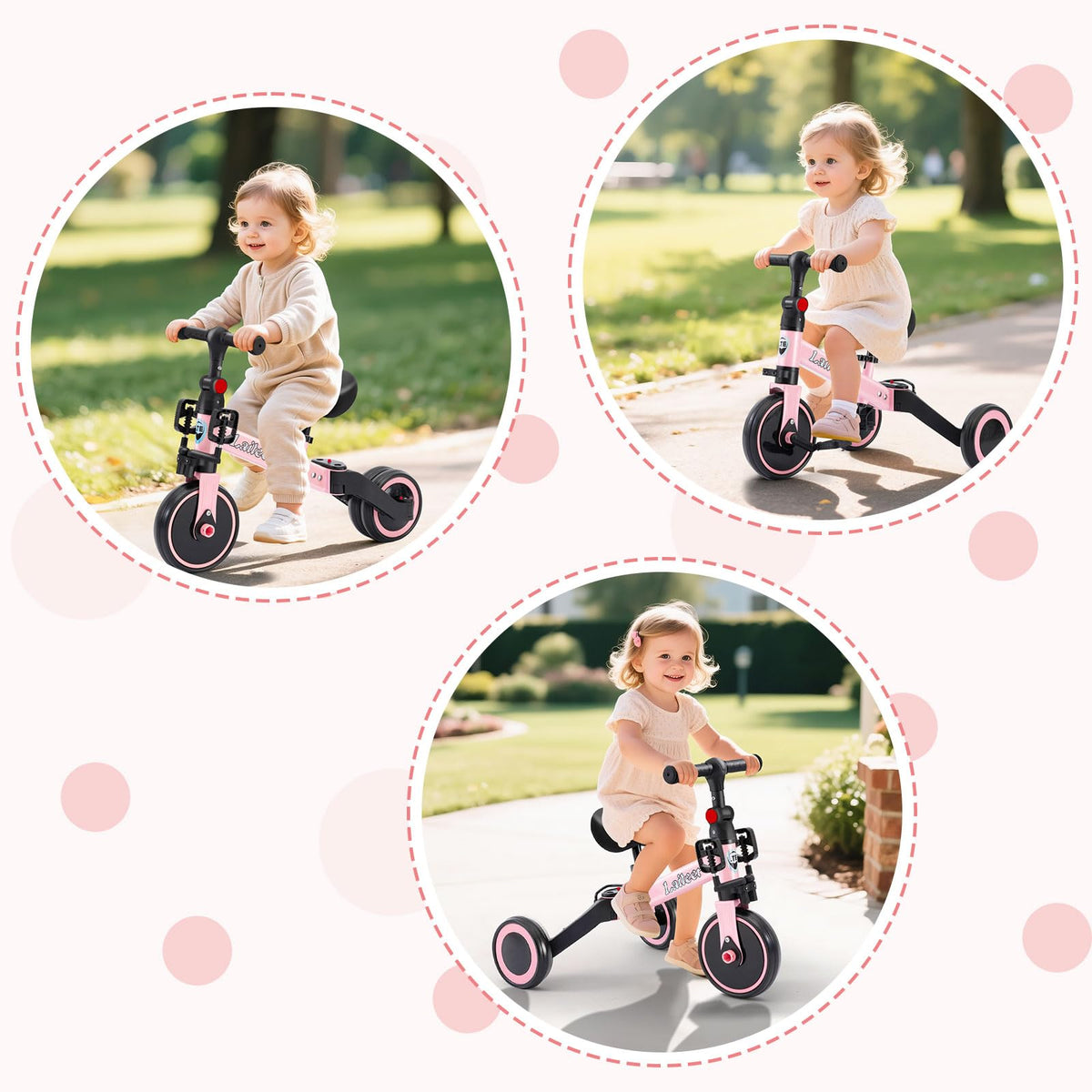 Folding Kids Tricycle with Adjustable Seat & Removable Pedal, Pink Y714626