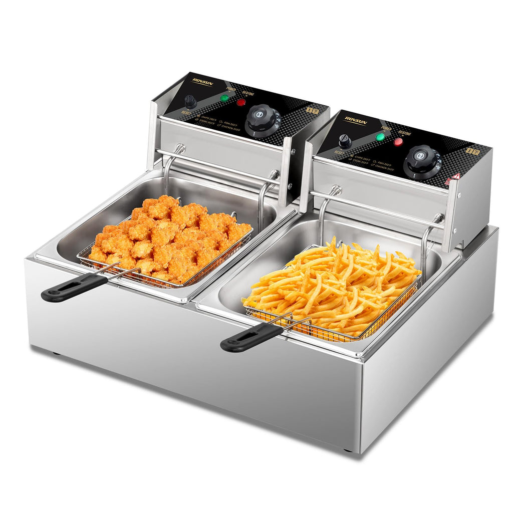 22.8QT Stainless Steel Electric Double Deep Fryer with Baskets & Lids M250