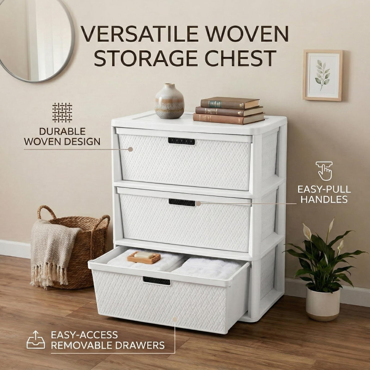 Opaque White 3-Drawer Plastic Storage Tower V2595