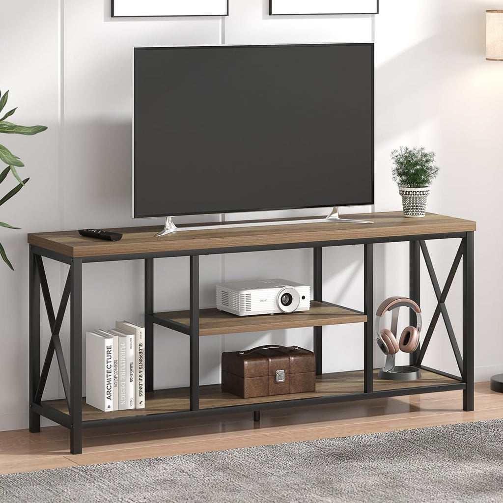 Oak 55 inch Wood and Metal TV Stand with Storage Shelves P54912