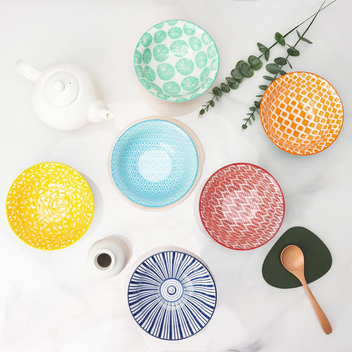Ceramic Bowls Set 30 oz Assorted Colorful Set of 6 Microwave Dishwasher Safe X3502