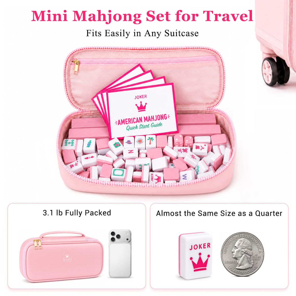 Pink Mini Travel Mahjong Tile Set with Racks and Bag M304
