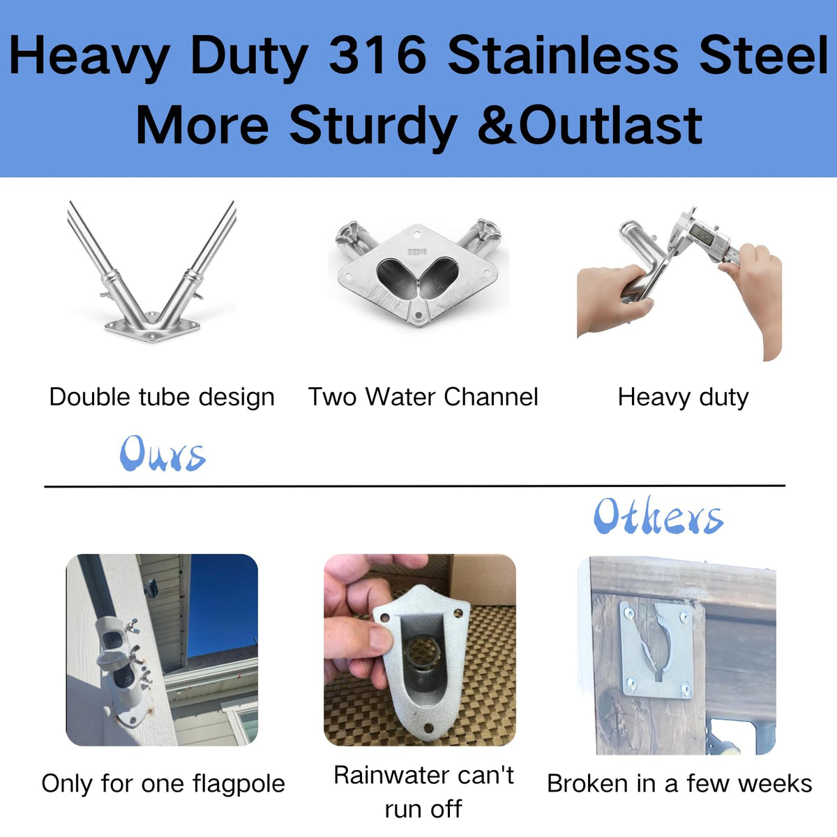 Double Flag Pole Holder 316 Stainless Steel Heavy Duty P72031