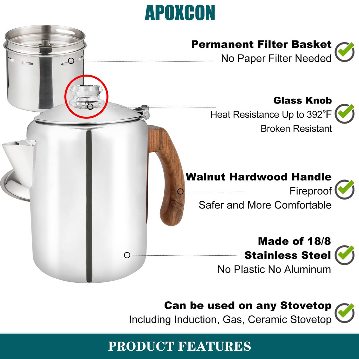 Coffee Percolator Pot Stainless Steel 8 Cup J2316