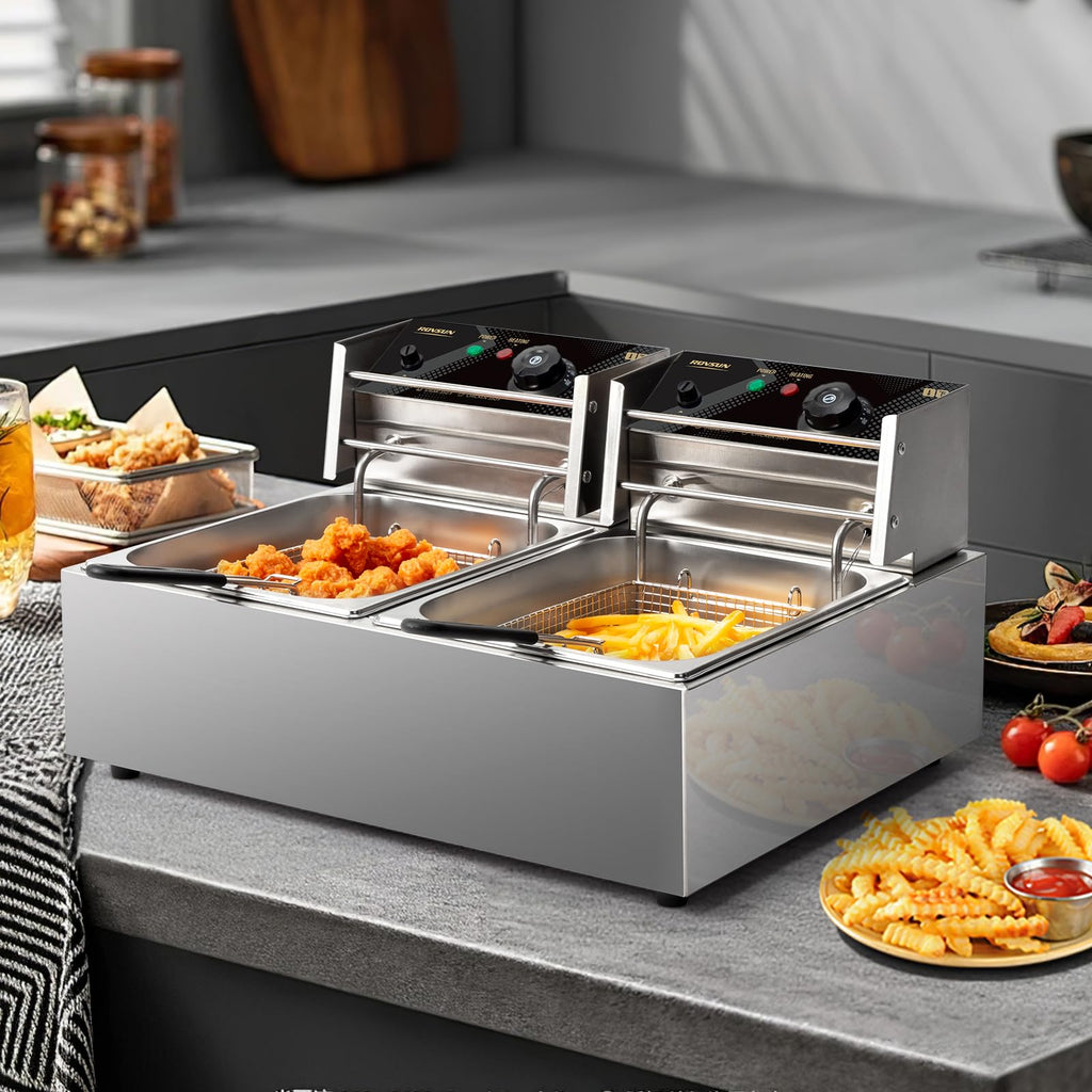 22.8QT Stainless Steel Electric Double Deep Fryer with Baskets & Lids M250