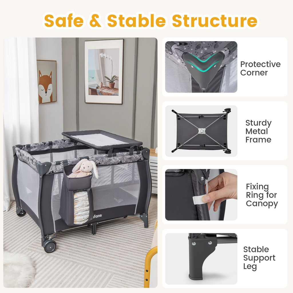 4 in 1 Pack and Play with Bassinet, Changing Table, Storage Basket O5497