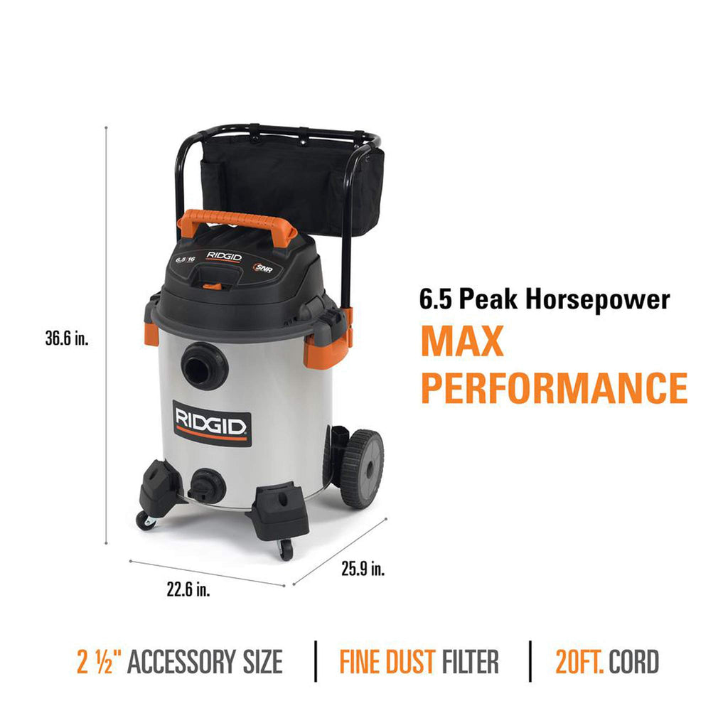 16 Gallon 6.5 Peak HP Stainless Steel Wet Dry Shop Vacuum F30091