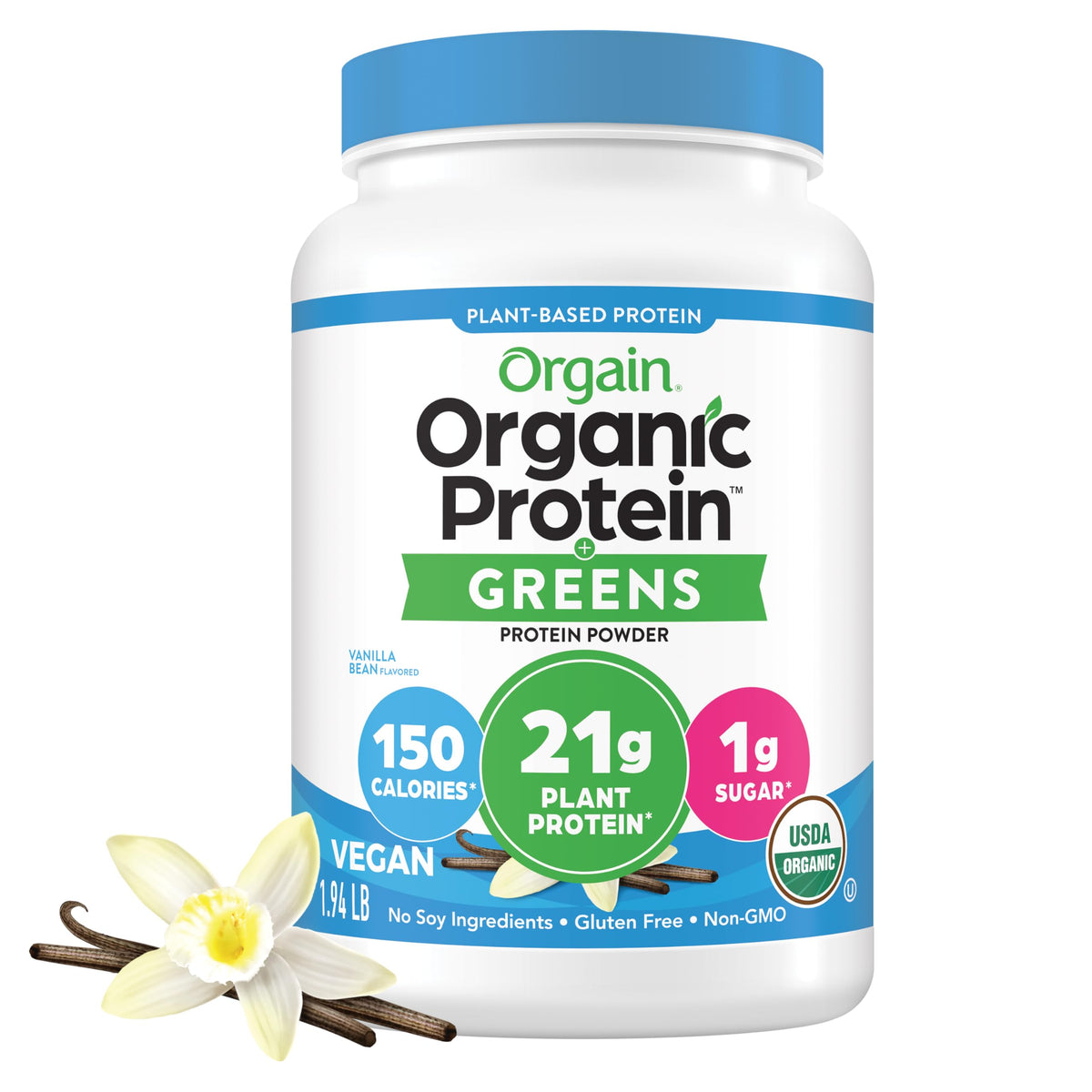 Organic Vegan Protein Powder + Greens Vanilla Bean 21g Plant Based Gluten Free Dairy Free 1.94lb P4389