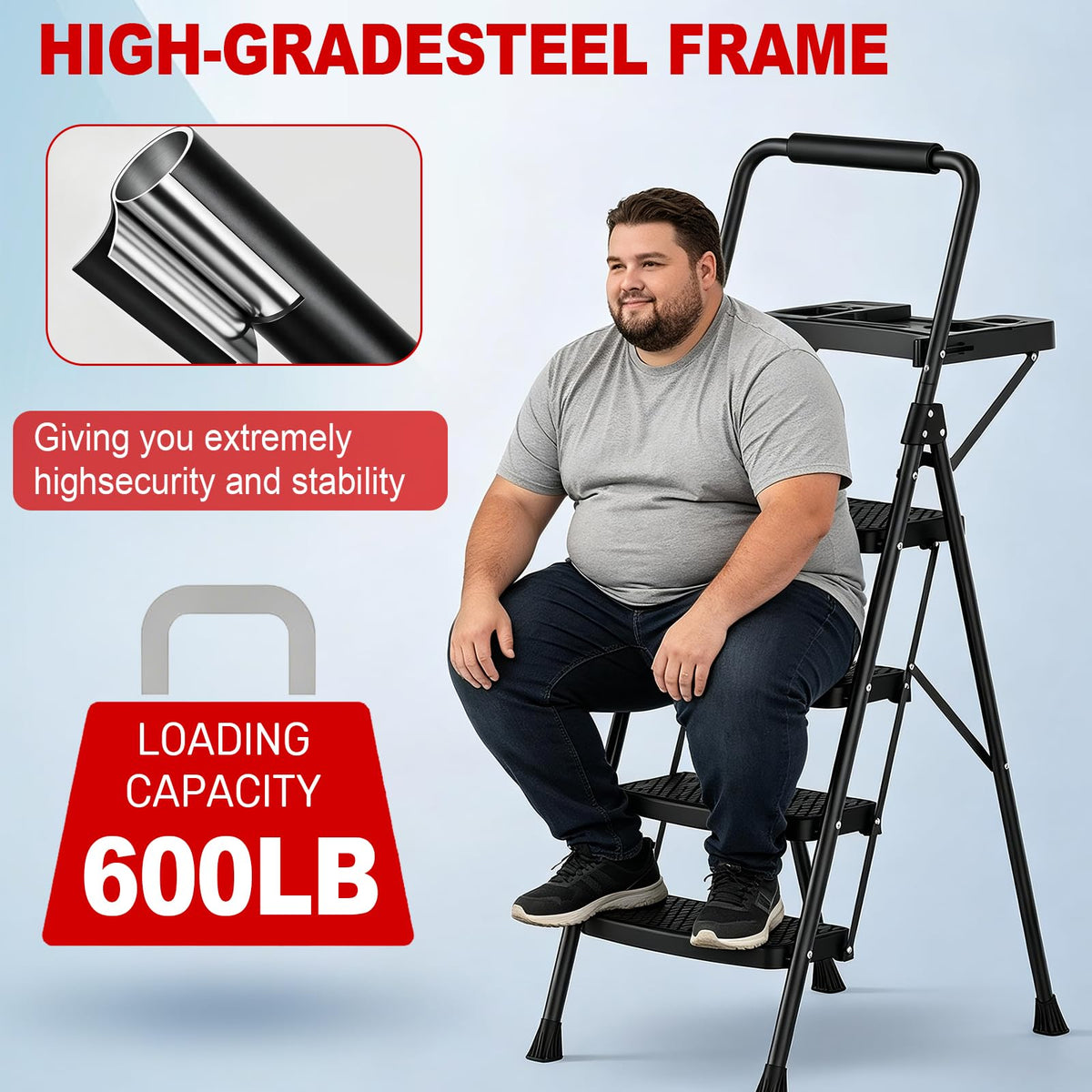 4 Step Steel Ladder with Tool Tray and Handrails B58094