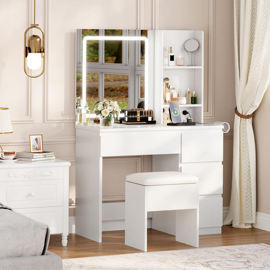 White Vanity Desk with Mirror and LED Light B313