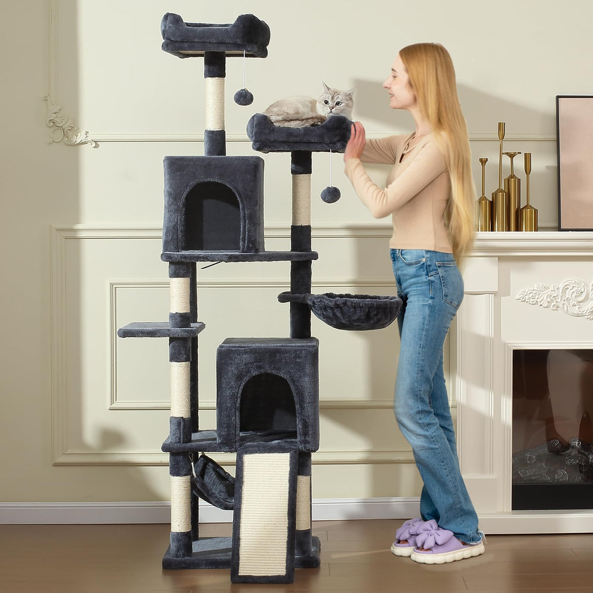 70-Inch Dark Gray Cat Tree Tower with Hammock Z607899