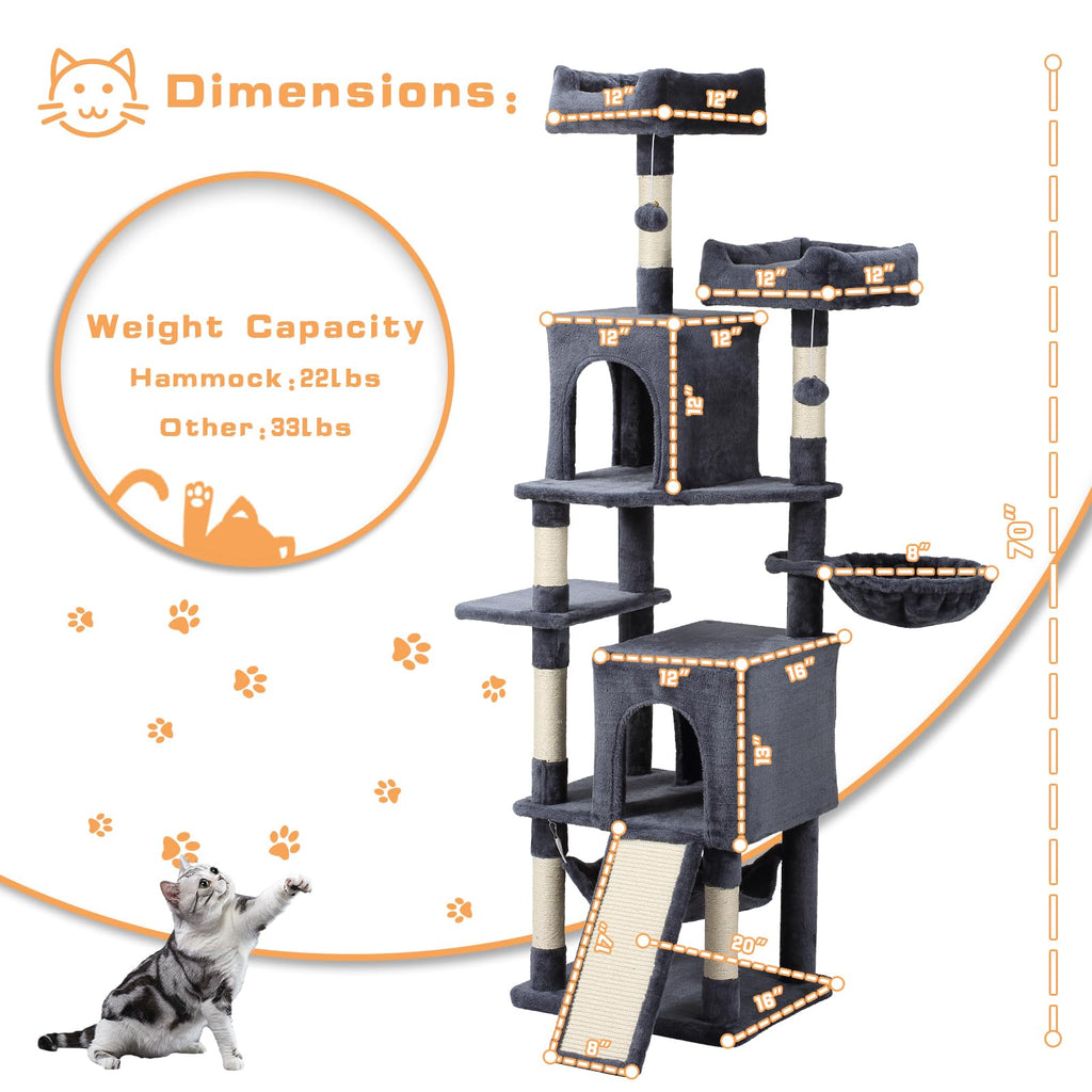 70-Inch Dark Gray Cat Tree Tower with Hammock Z607899