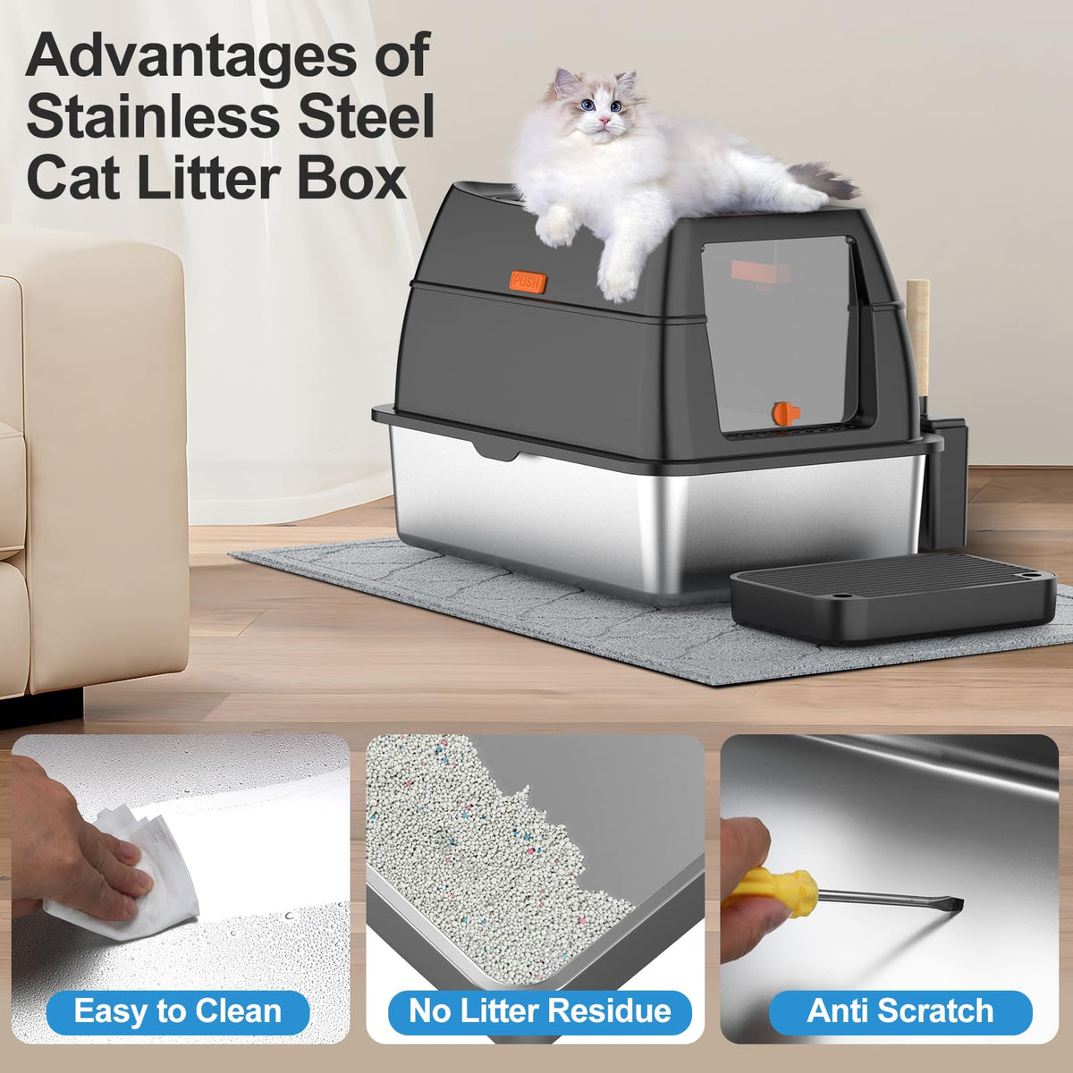 Extra Large Stainless Steel Litter Box with Lid G450