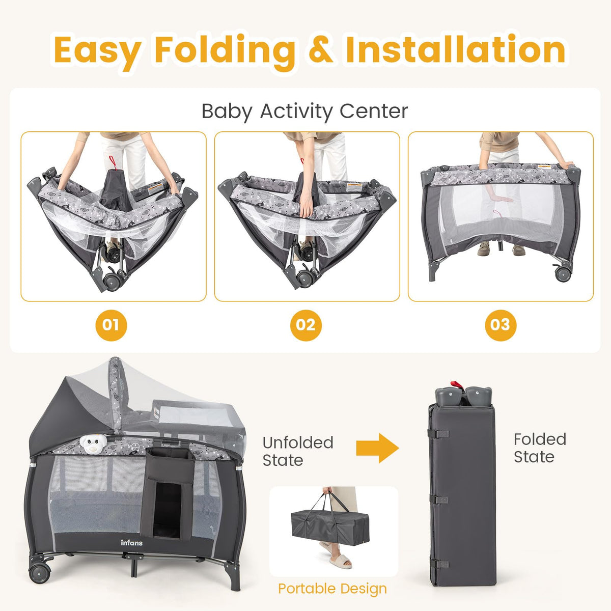 4 in 1 Pack and Play with Bassinet, Changing Table, Storage Basket O5497