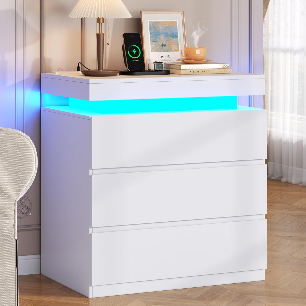 White Nightstand with Charging Station and LED Lights I644122