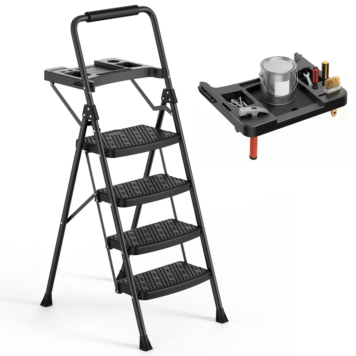 4 Step Steel Ladder with Tool Tray and Handrails B58094