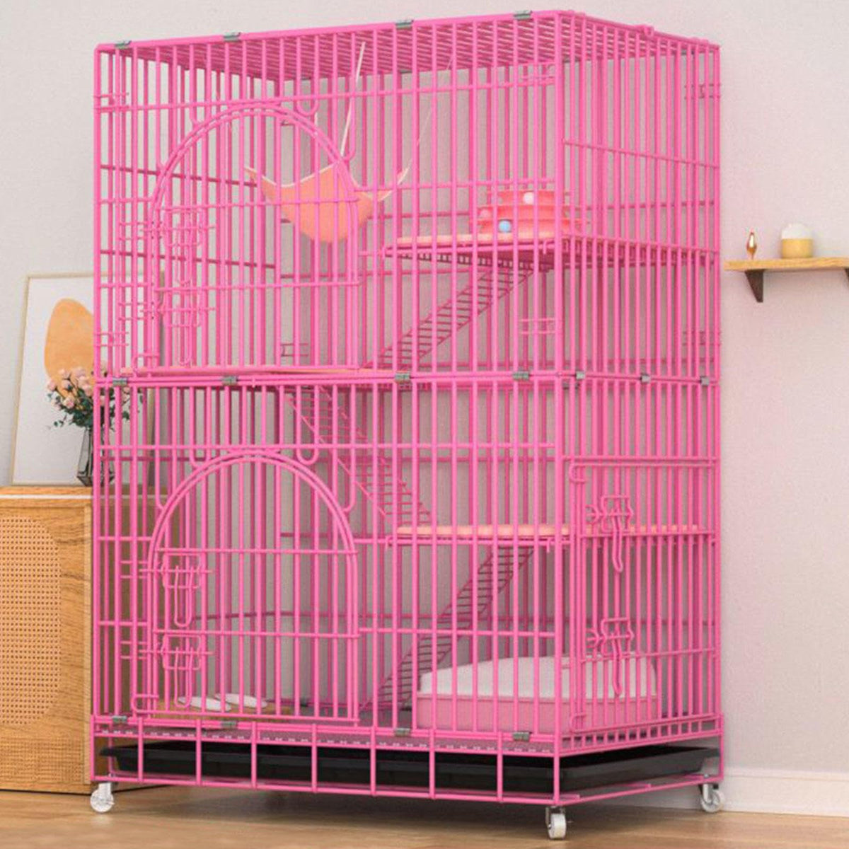 Collapsible Metal Wire Cat Cage with Wheels Q483418
