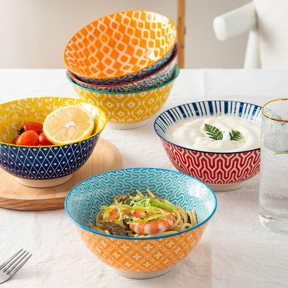 Ceramic Bowls Set 30 oz Assorted Colorful Set of 6 Microwave Dishwasher Safe X3502