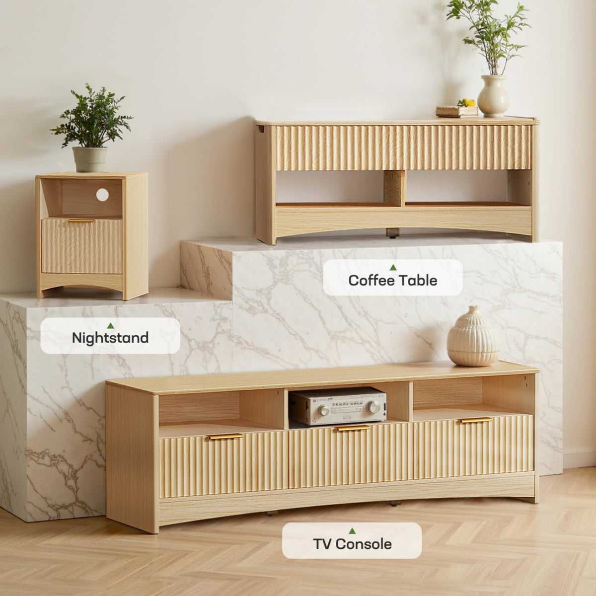 Oak Fluted TV Stand for 65 inch TV with Drawers N821433
