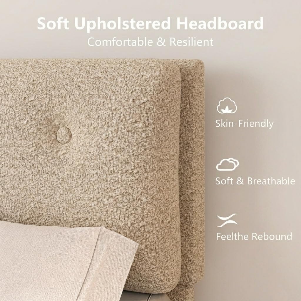 Queen Size Beige Boucle Upholstered Bed Frame with Headboard H851