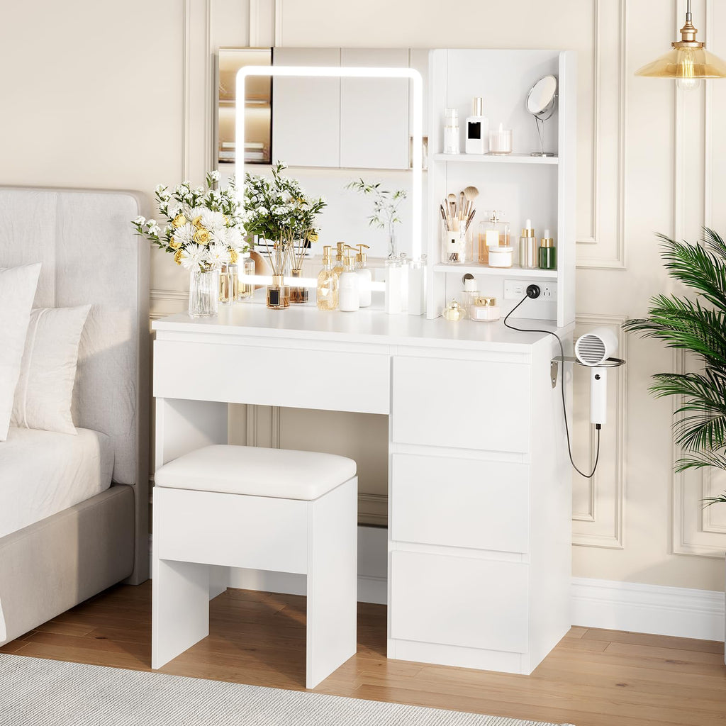 White Vanity Desk with Mirror and LED Light B313