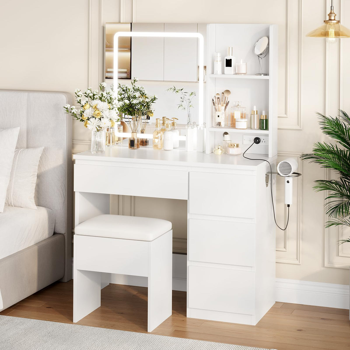 White Vanity Desk with Mirror and LED Light B313