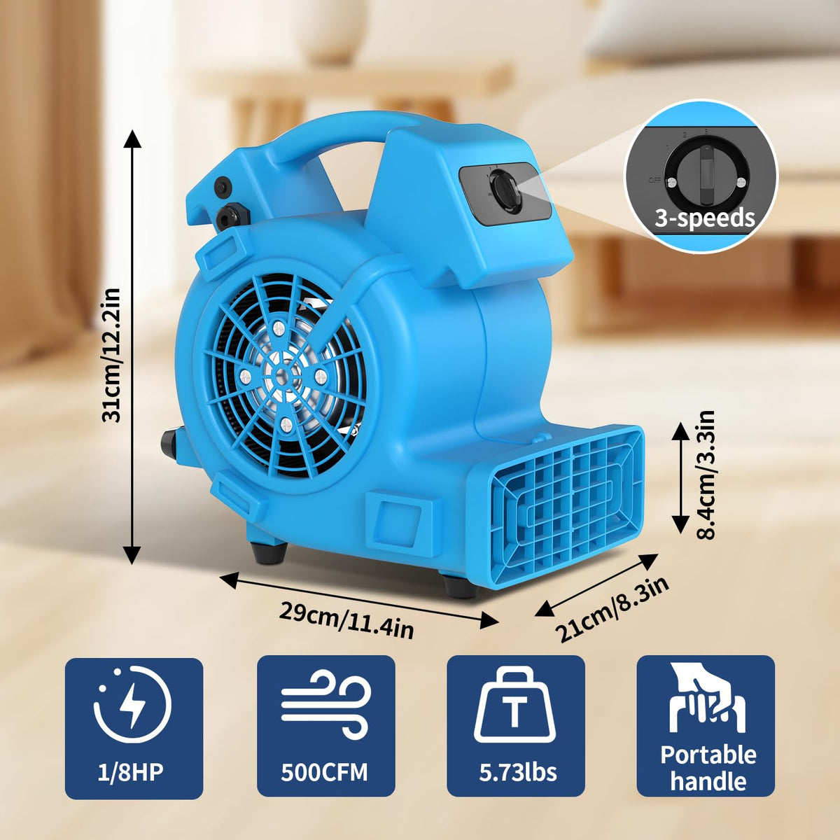 600 CFM Portable Air Mover Blower Fan with 3 Speeds V1387