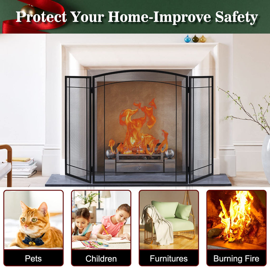 3 Panel 48" W x 29" H Foldable Wrought Metal Decorative Mesh Fireplace Screen O889