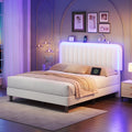 White Velvet Upholstered Full Size Platform Bed Frame with Charging Station A173