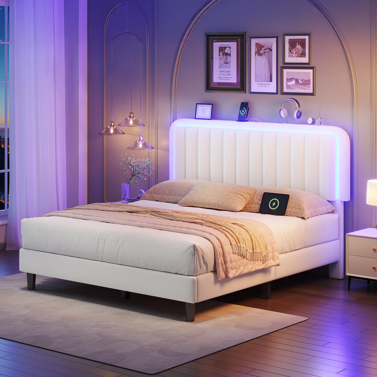 White Velvet Upholstered Full Size Platform Bed Frame with Charging Station A173
