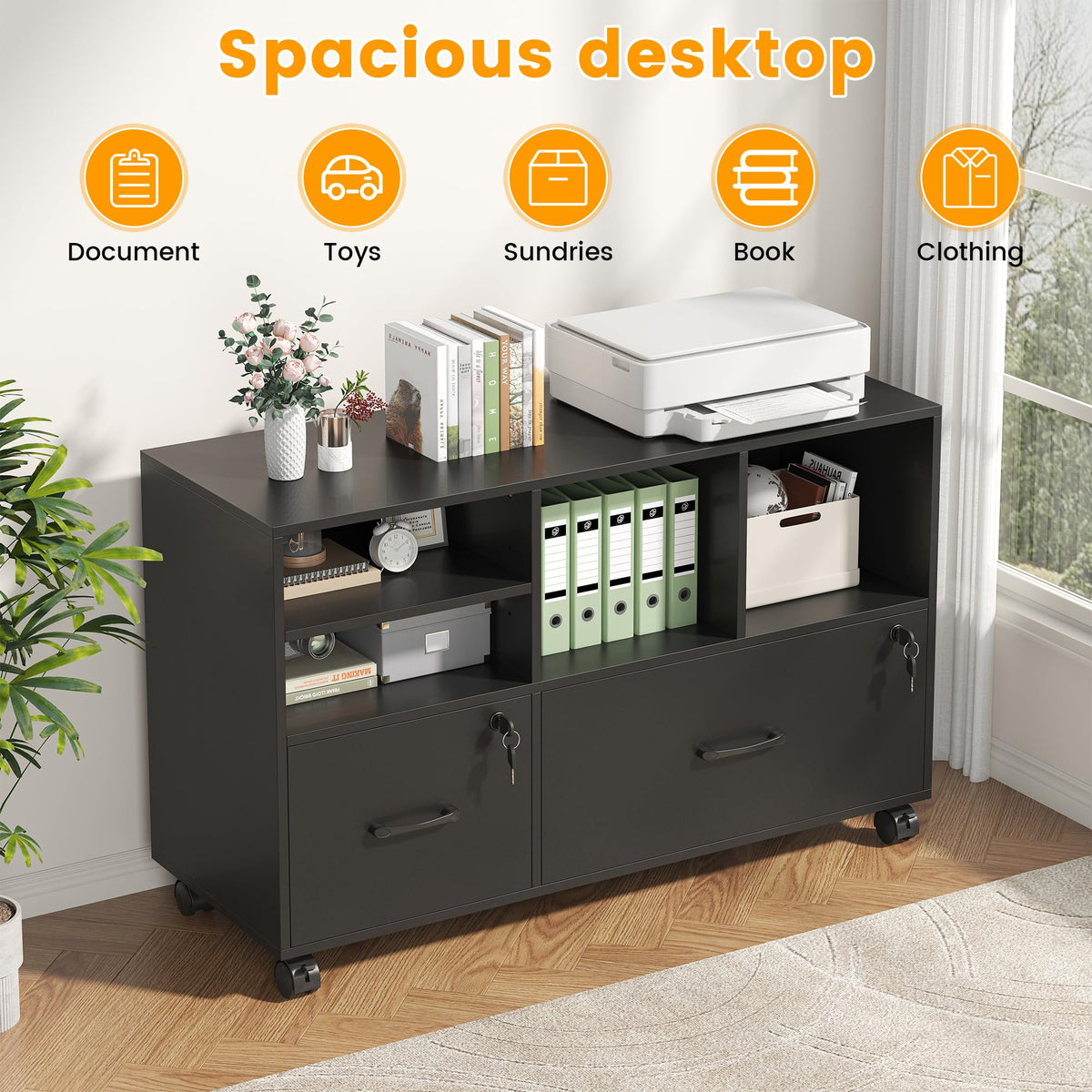 2 Drawer Wood Mobile Lateral File Cabinet with Storage Shelves, Black V23181