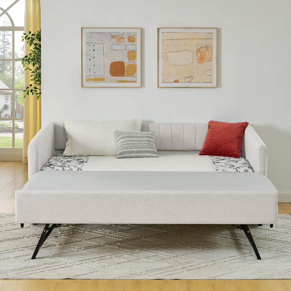 Beige Linen Twin Size Upholstered Daybed with Trundle and Headboard A2826