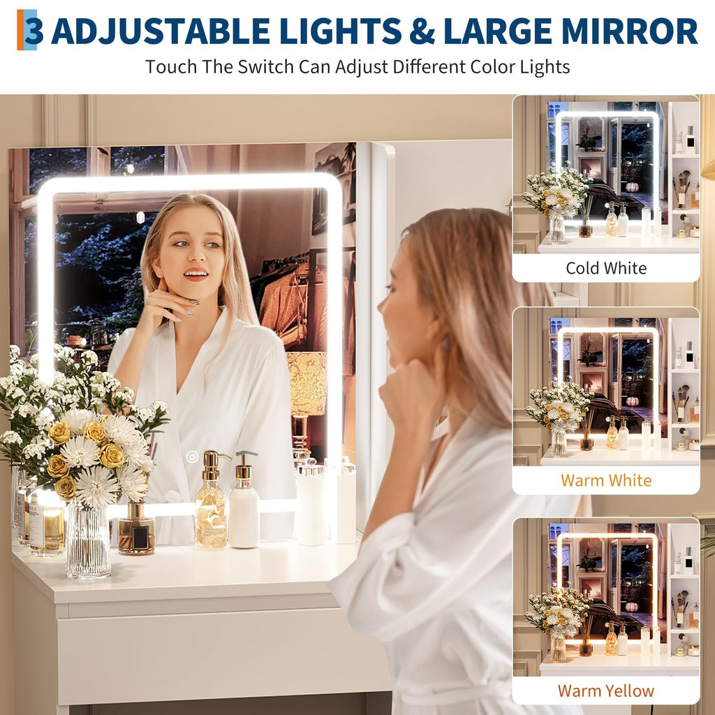 White Vanity Desk with Mirror and LED Light B313