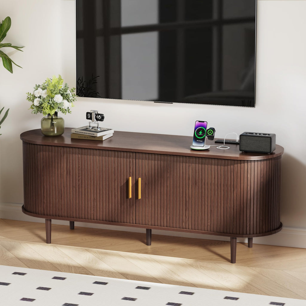 55 Inch Mid Century Modern TV Stand with Power Outlet and Adjustable Shelves W52472