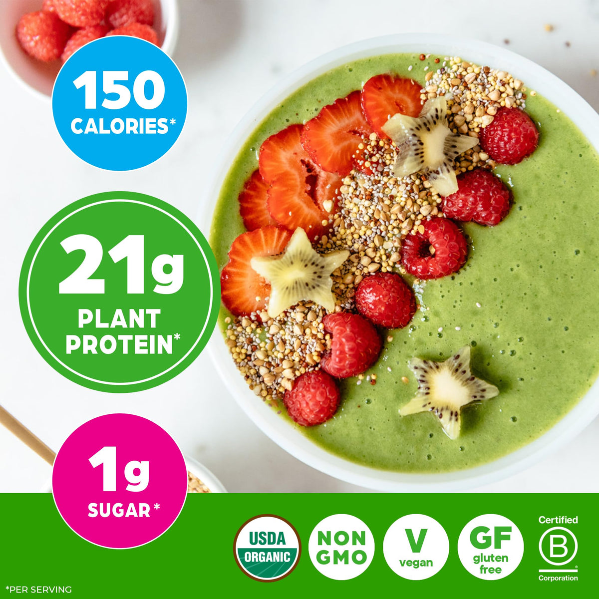 Organic Vegan Protein Powder + Greens Vanilla Bean 21g Plant Based Gluten Free Dairy Free 1.94lb P4389