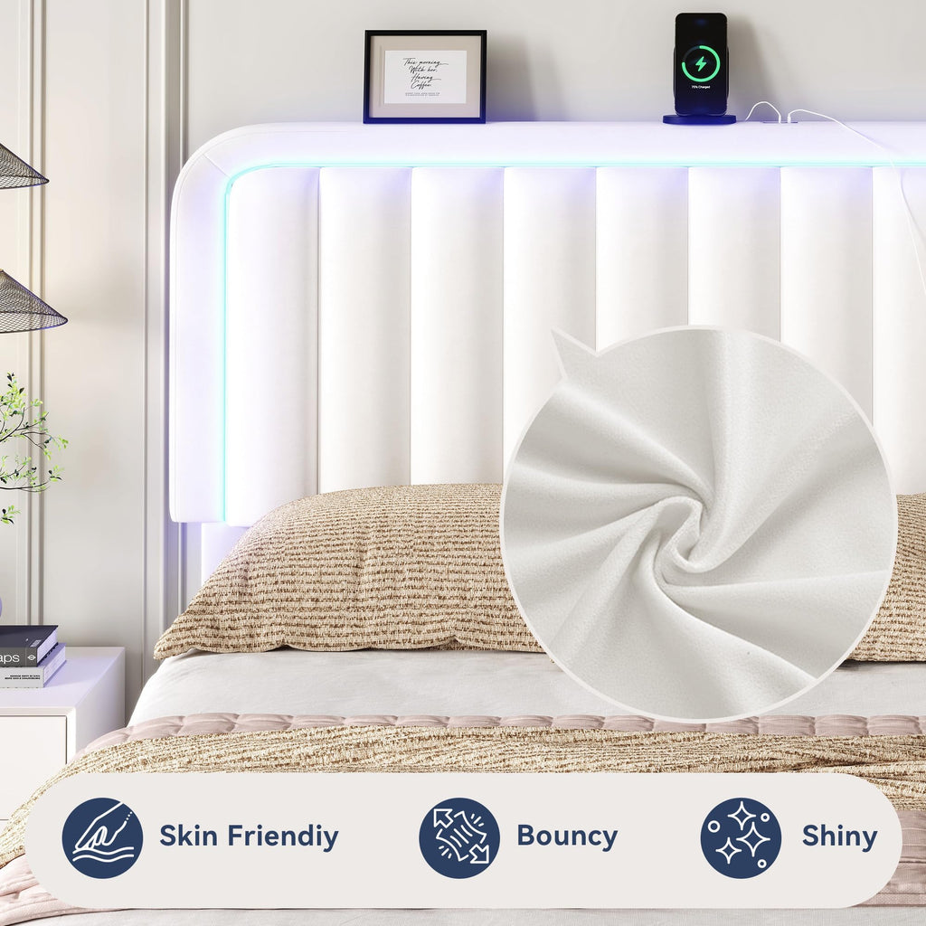 White Velvet Upholstered Full Size Platform Bed Frame with Charging Station A173