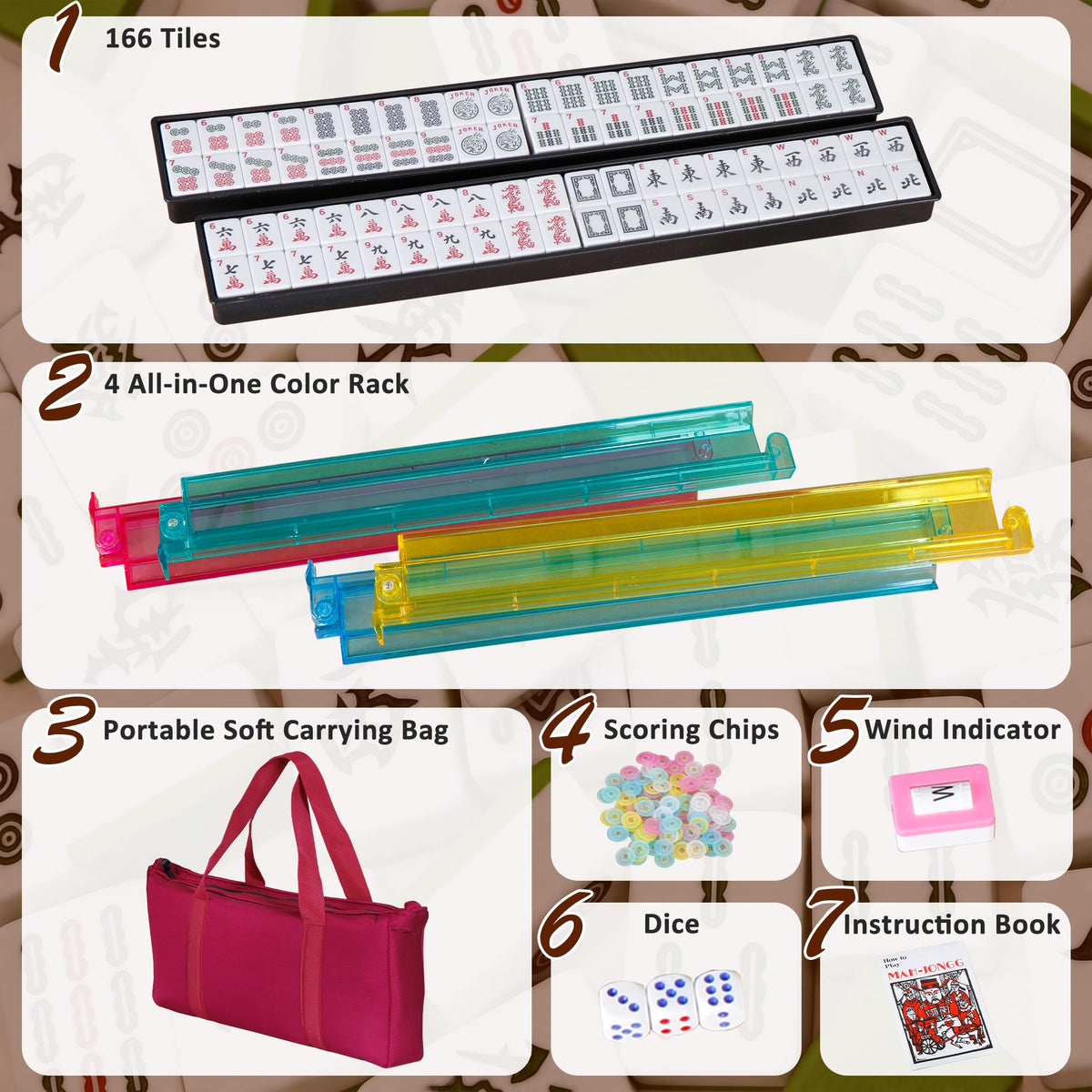 166 Tiles Mahjong Tile Set with Racks and Carrying Bag B4319