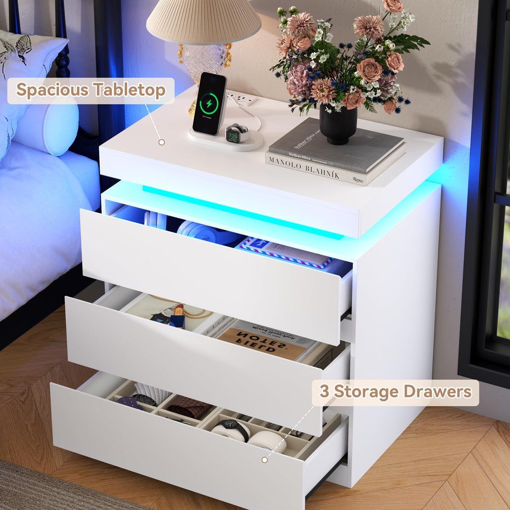 White Nightstand with Charging Station and LED Lights I644122