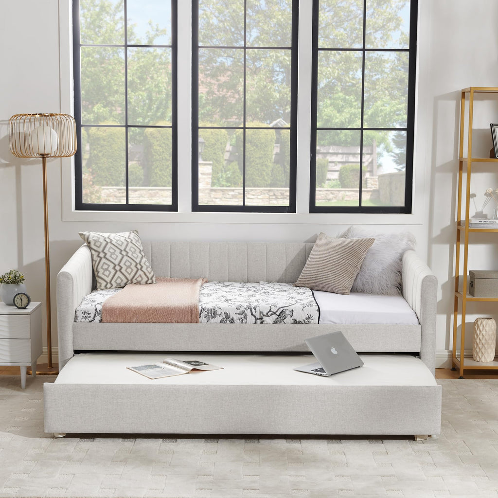 Beige Linen Twin Size Upholstered Daybed with Trundle and Headboard A2826