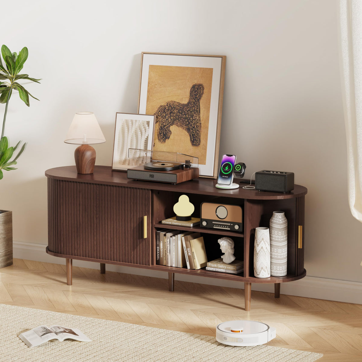 55 Inch Mid Century Modern TV Stand with Power Outlet and Adjustable Shelves W52472