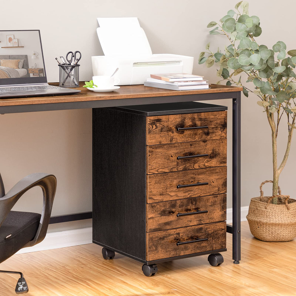 5 Drawer Wooden Mobile File Cabinet with Wheels B983956