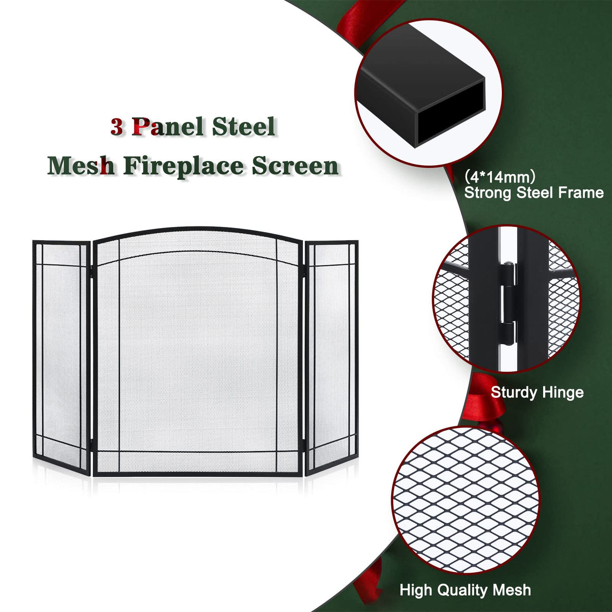 3 Panel 48" W x 29" H Foldable Wrought Metal Decorative Mesh Fireplace Screen O889