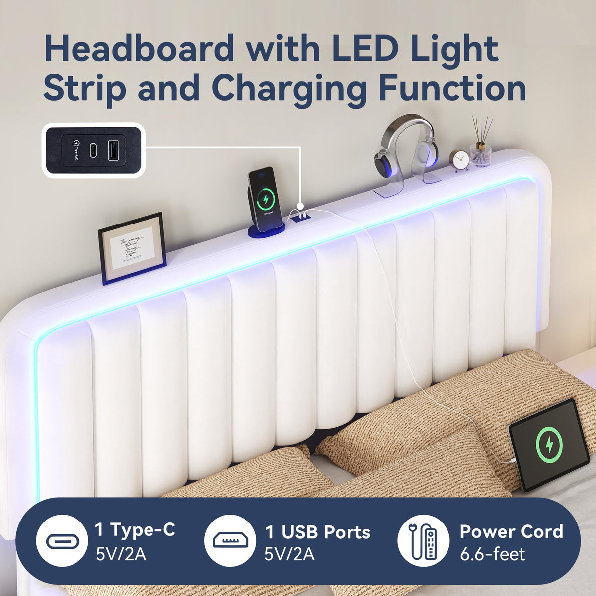 White Velvet Upholstered Full Size Platform Bed Frame with Charging Station A173