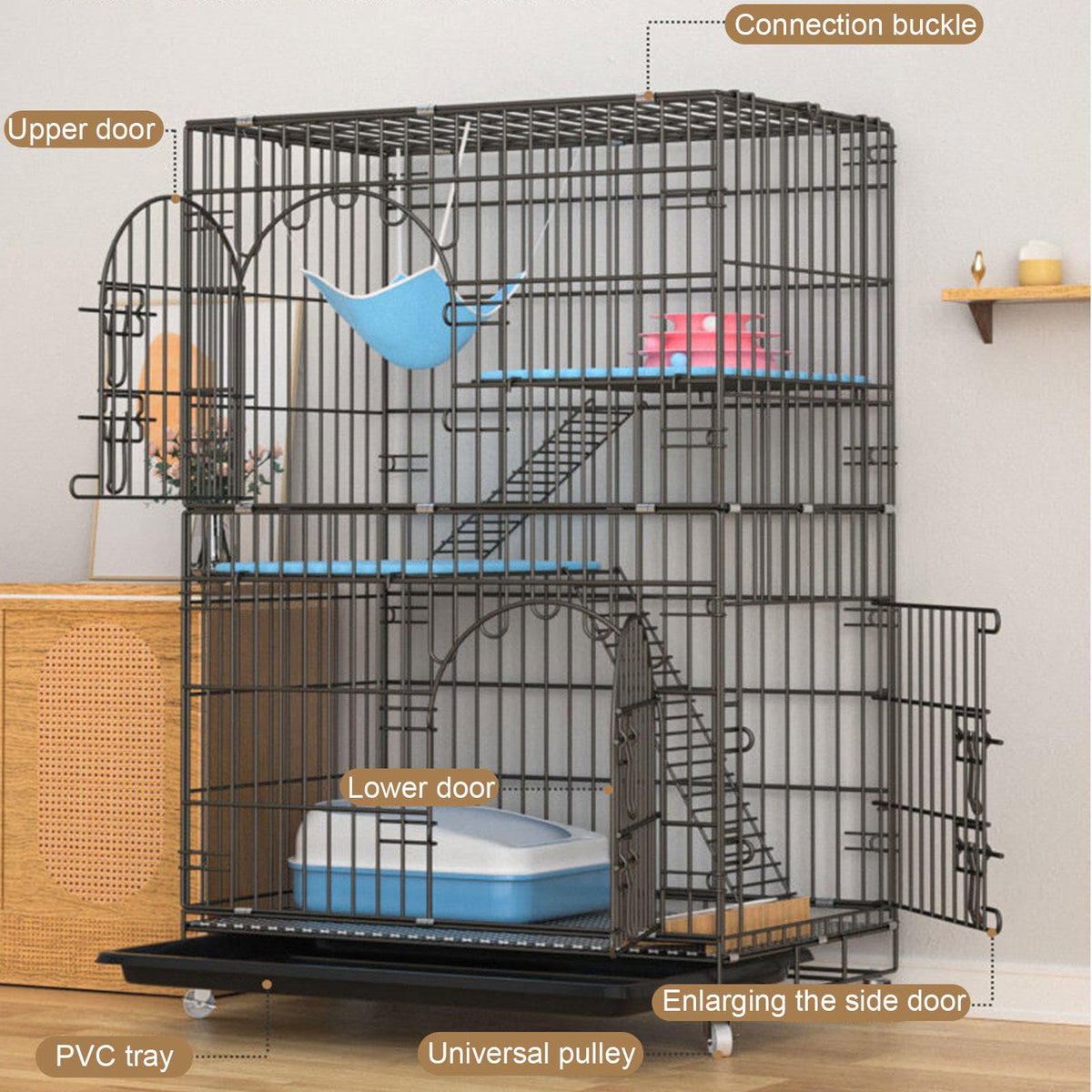 Collapsible Metal Wire Cat Cage with Wheels Q483418