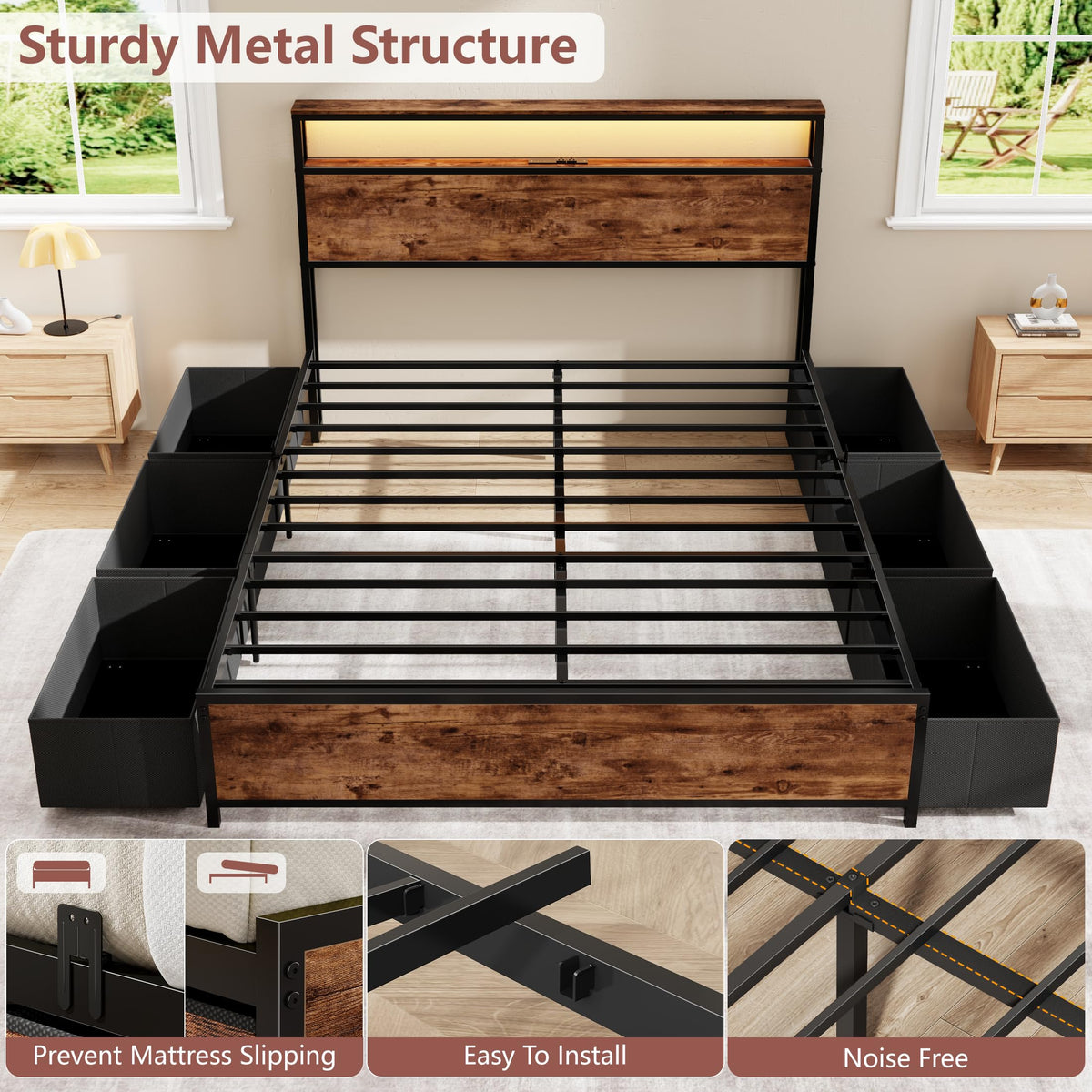 Queen Bed Frame with Storage Headboard & 6 Drawers E3879