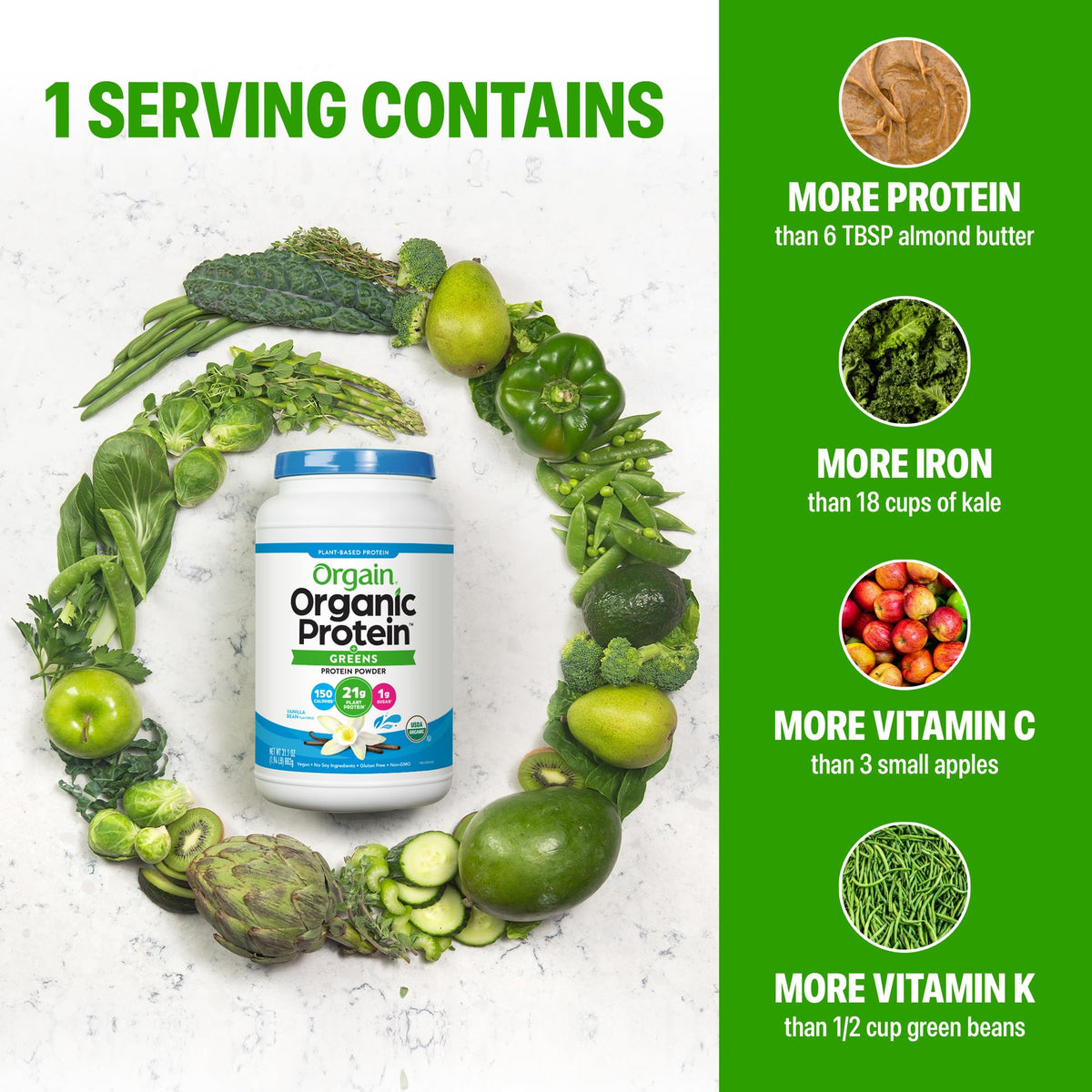 Organic Vegan Protein Powder + Greens Vanilla Bean 21g Plant Based Gluten Free Dairy Free 1.94lb P4389