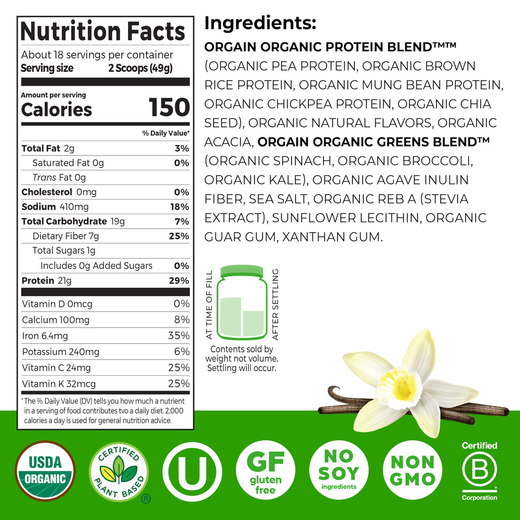 Organic Vegan Protein Powder + Greens Vanilla Bean 21g Plant Based Gluten Free Dairy Free 1.94lb P4389