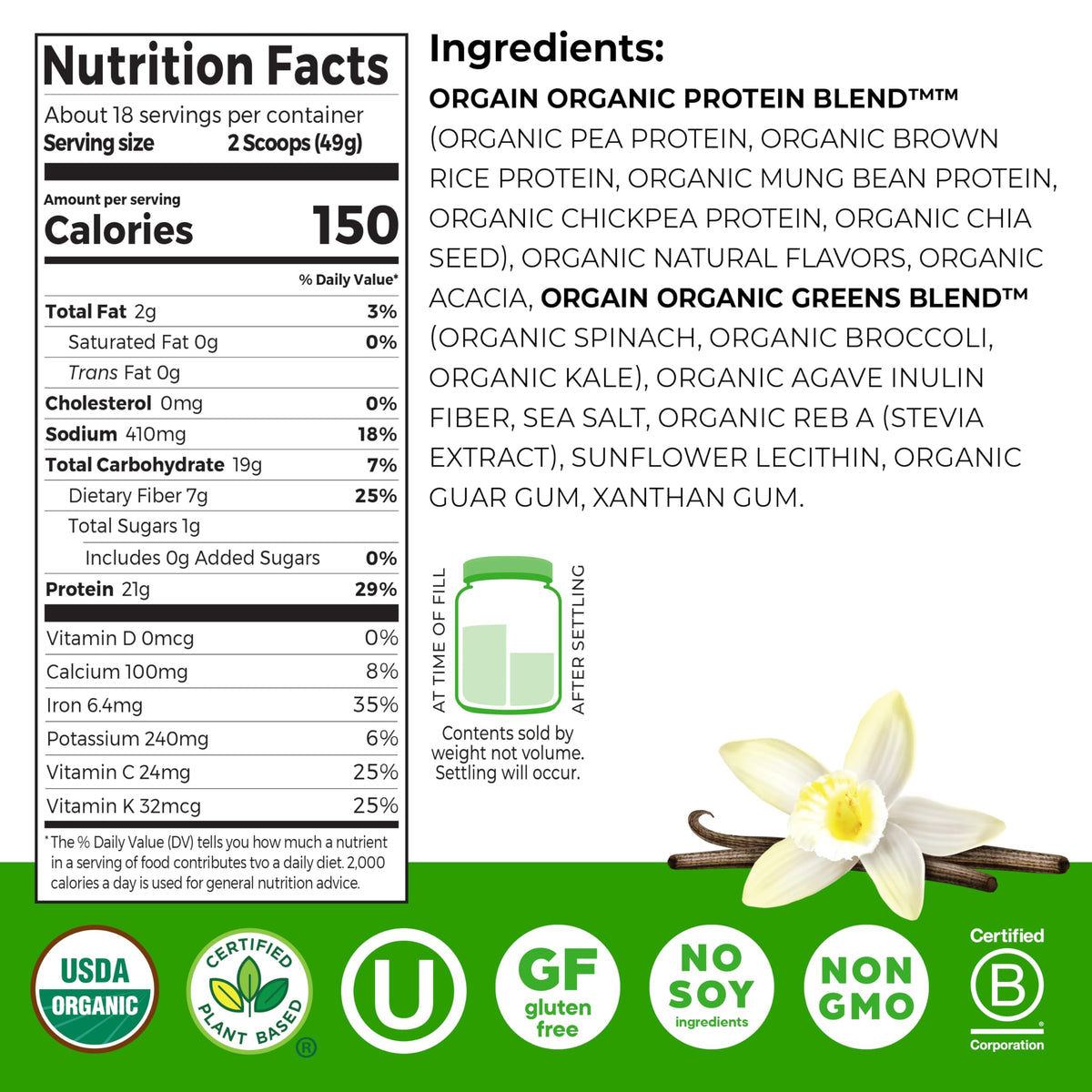Organic Vegan Protein Powder + Greens Vanilla Bean 21g Plant Based Gluten Free Dairy Free 1.94lb P4389