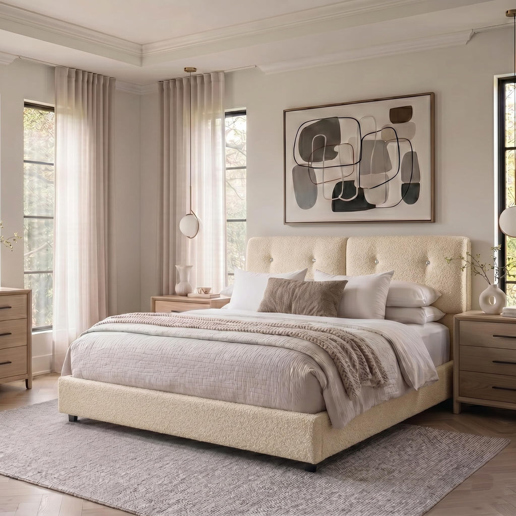 Queen Size Beige Boucle Upholstered Bed Frame with Headboard H851
