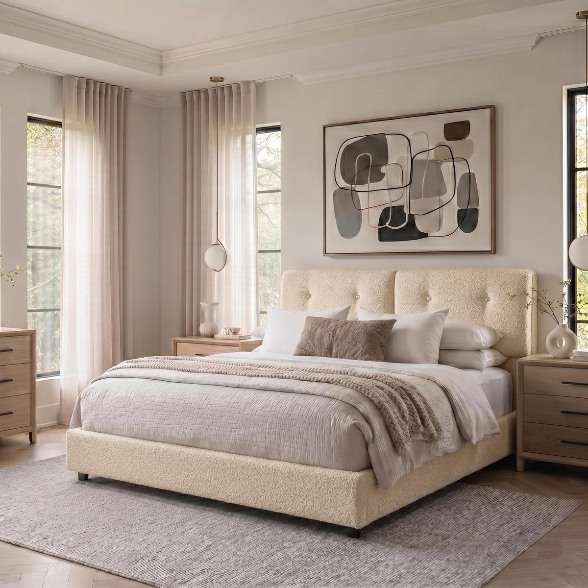 Queen Size Beige Boucle Upholstered Bed Frame with Headboard H851